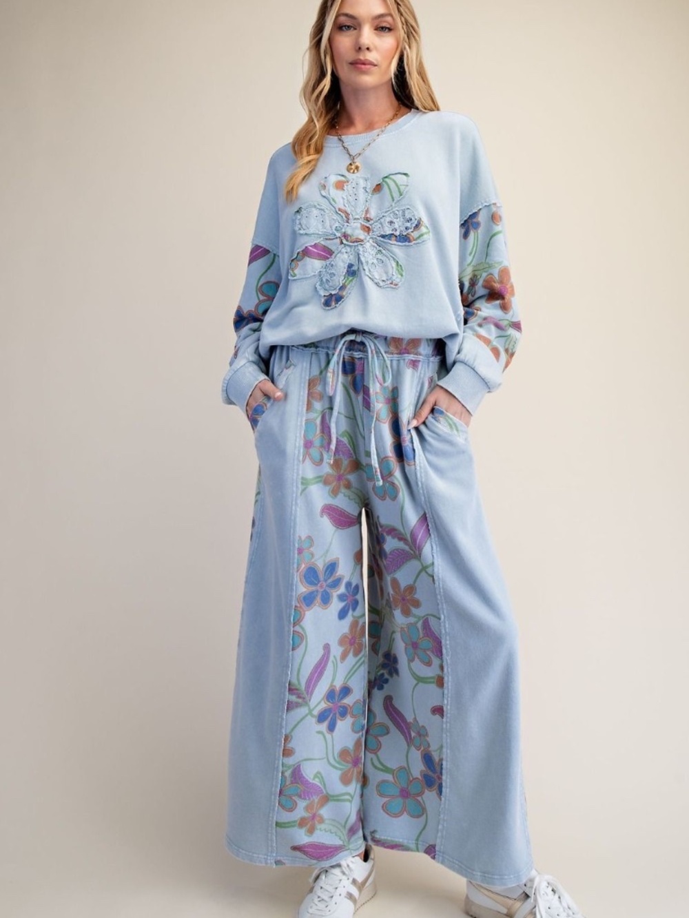 New Easel Knit Pants Blue Floral Washed Terry Relaxed Wide Leg Pull On Comfort - Picture 5 of 5